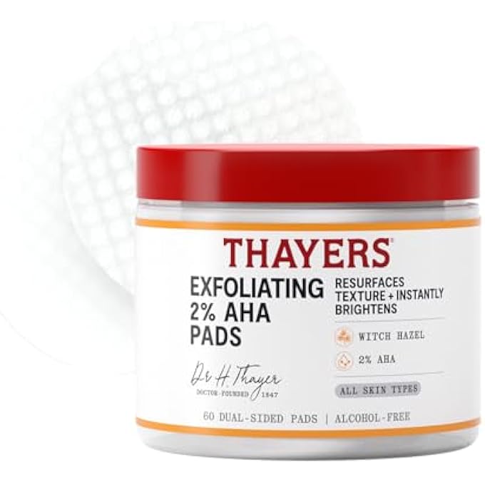 THAYERS EXFOLIATING 2% AHA TONER PADS, DUAL-SIDED EXFOLIATING PADS WITH WITCH HAZEL, GLYCOLIC ACID AND LACTIC ACID TO RESURFACE SKIN TEXTURE AND INSTANTLY BRIGHTEN, FOR ALL SKIN TYPES, 60 COUNT - Image 1